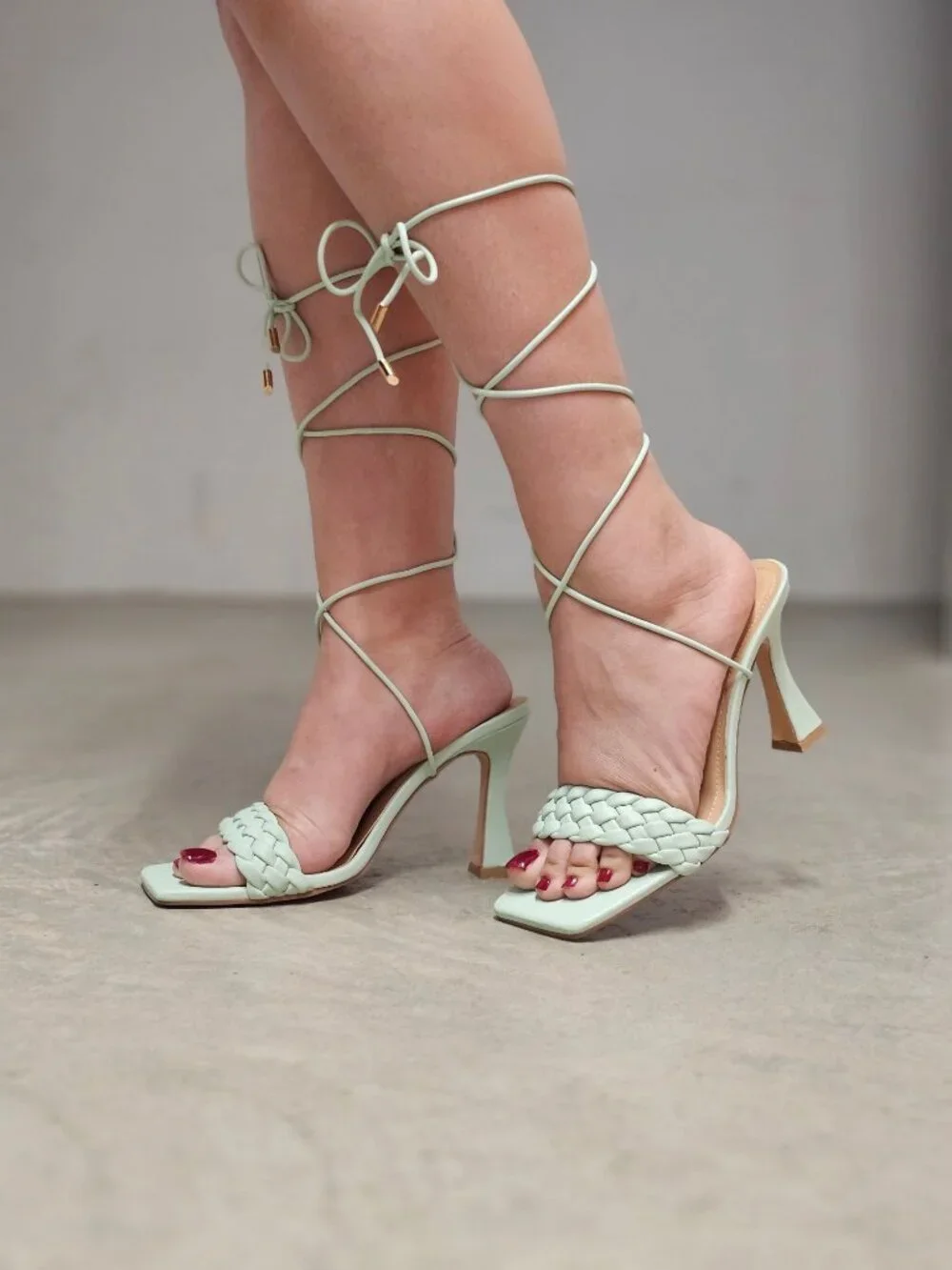 Strappy Mint Green Lace-Up Heeled Sandals With Braided Front Design Square Toe A
